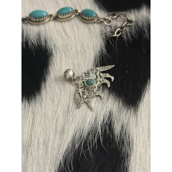 Native American Sterling Silver Turquoise Spiny Armadillo Picto Story Pendant - Picture 5 of 8